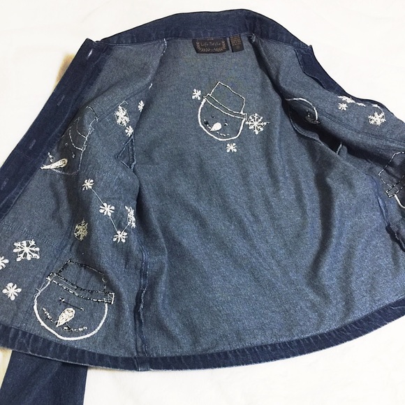 ☃️❄️Rare Winter Snowman Denim Blue Jean Jacket❄️☃️ - Picture 6 of 11
